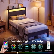Twin Bed Frame with Headboard & Footboard, Charging Station & LED Light, Under-Bed-Storage, No Box Spring Needed, Noise Free, Easy Assembly, Black