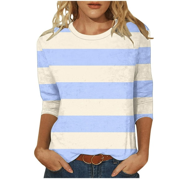 aidice 3/4 Length Sleeve Womens Tops Plus Size Casual Crewneck Striped Blouses Comfy Fitting Fall Tops
