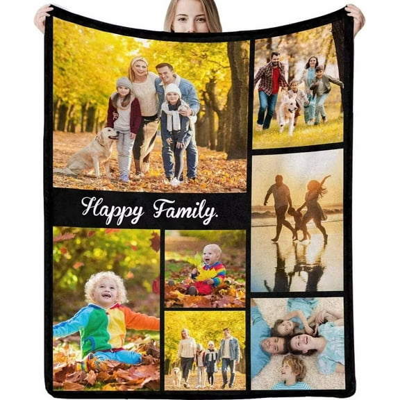 AISENIN Custom Blanket with Text Picture Collage Happy Family Customized Blankets Birthday Personalized Throw Blanket for Dad, Mom, Kids, Dogs, Friends or Lover