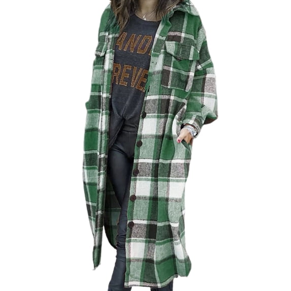 Powerdelux Women's Casual Lapel Plaid Tartan Jackets Button Down Trench Shacket Coats
