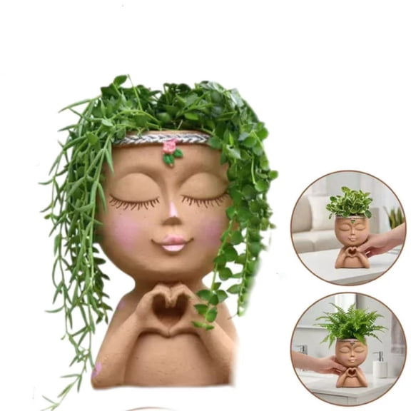 Face Planter Pot with Heart Hands, Resin Head Cute Planter, Decorative Plant Pot & Unique Succulent Planter with Drainage Hole for Indoor Plants, Funny & Decorative Flower Pot, Gardening Gift for Hom