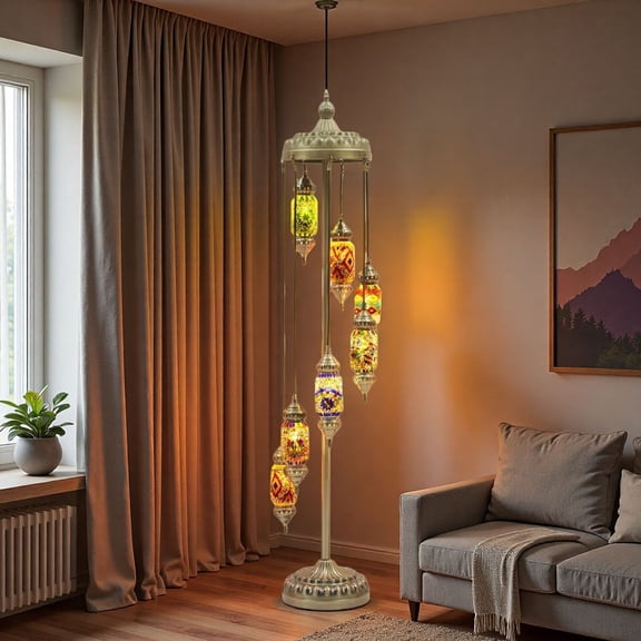 MINESTIA  74" Turkish Floor Lamp with 7 Handmade Colorful Mosaic Globes, Tiffany-Style Standing Lamp for Decorative Home