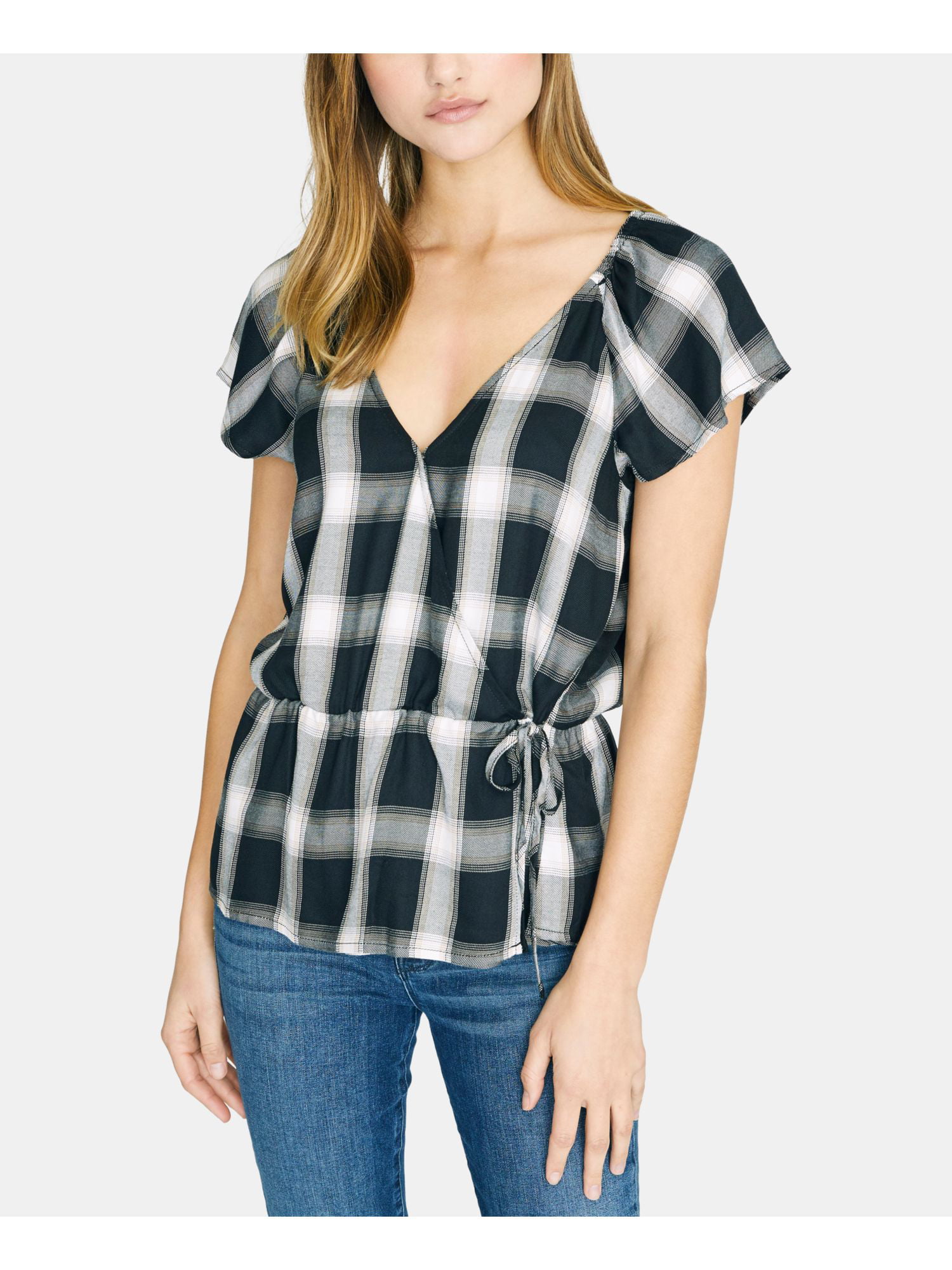 Women's Plaid Wrap Blouse with Ruffle Sleeves