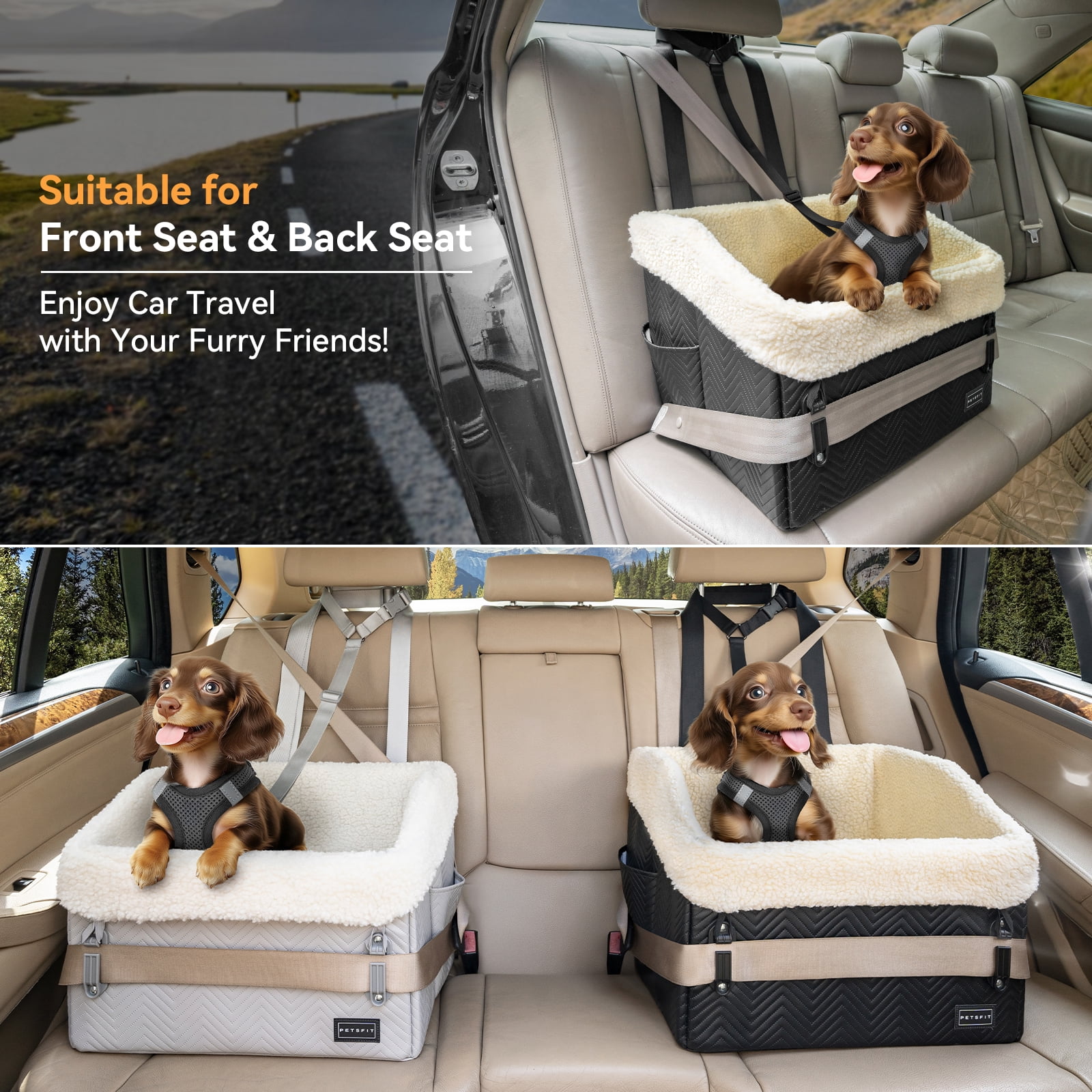 PETSFIT Small Dog Car Seat,Waterproof PU Leather Booster Seat for Small Dogs,Patent Safe Buckles, 30 lb Limit, Black