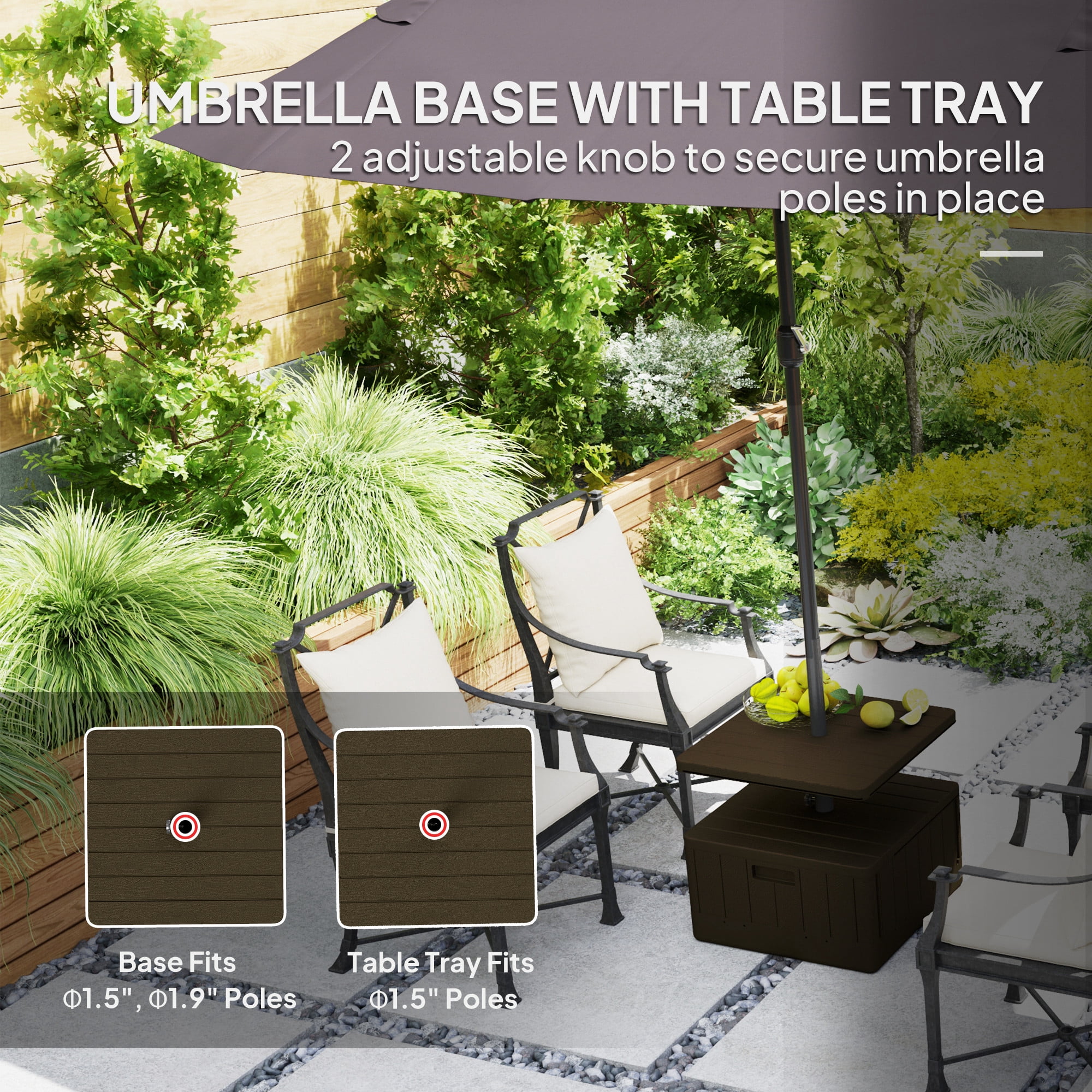 Outsunny Patio Umbrella Base with Table Tray, Heavy Duty Weighted Umbrella Stand with Wheels Handles, 176lbs with Stand Filling, Brown