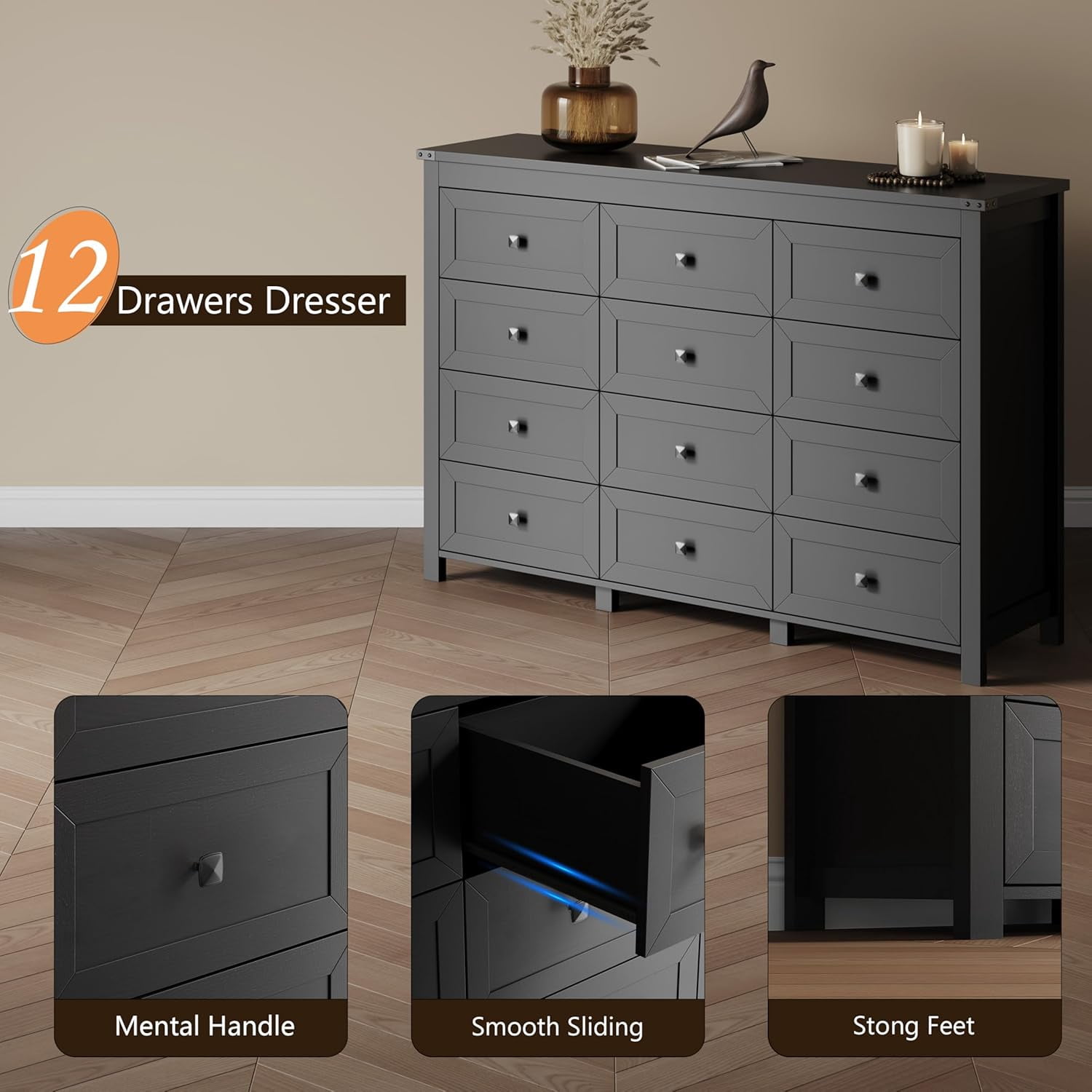 FANRAL Dresser for Bedroom with 12 Drawers,Wood Metal Handle Closet Storage Cabinet,Wide TV Stand Chests of Drawers,Black Dresser