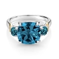 thumbnail image 2 of Gem Stone King 5.86 Cttw London Blue Topaz 3-Stone Ring for Women Gemstone November Birthstone | 925 Silver and 10K Yellow Gold | Cushion 10MM | Round 4MM | Size 5, 2 of 3