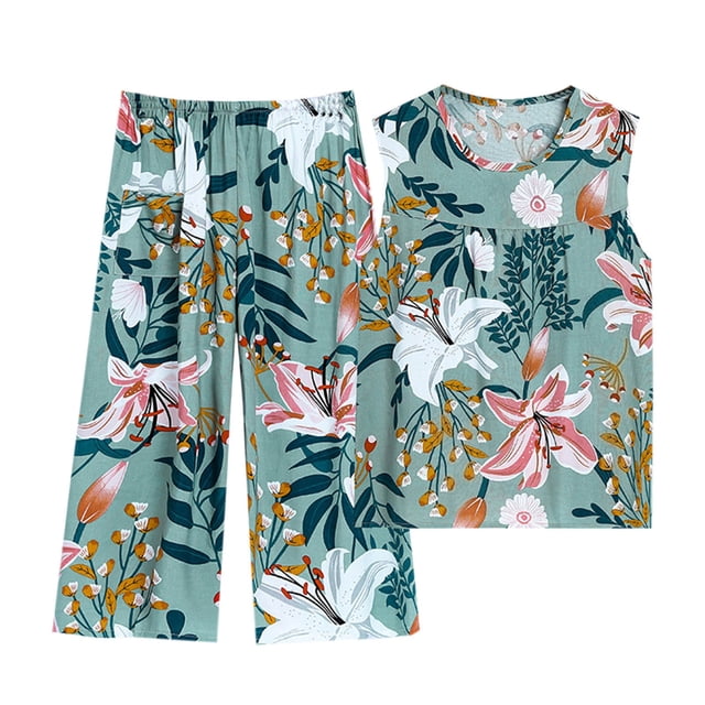 Blouses pour Femmes, Grande Taille Décontractée Imprimé Maison Coton Artificiel Sans Manches Col Rond Haut et Pantalon Court Ensemble