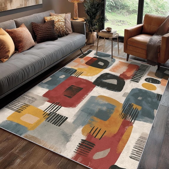 Scandinavian Modern Abstract Area Rugs, Contemporary Boho Carpet, Washable Non Slip Low Pile Soft Rug for Living Room Bedroom Home Decor Mat 2x3ft