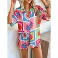 thumbnail image 5 of Women'S Soft Summer Floral Tropical Print V Neck Tee Short Sleeve Button Top Shorts 2 Piece Sets Checkered Flower M, 5 of 8
