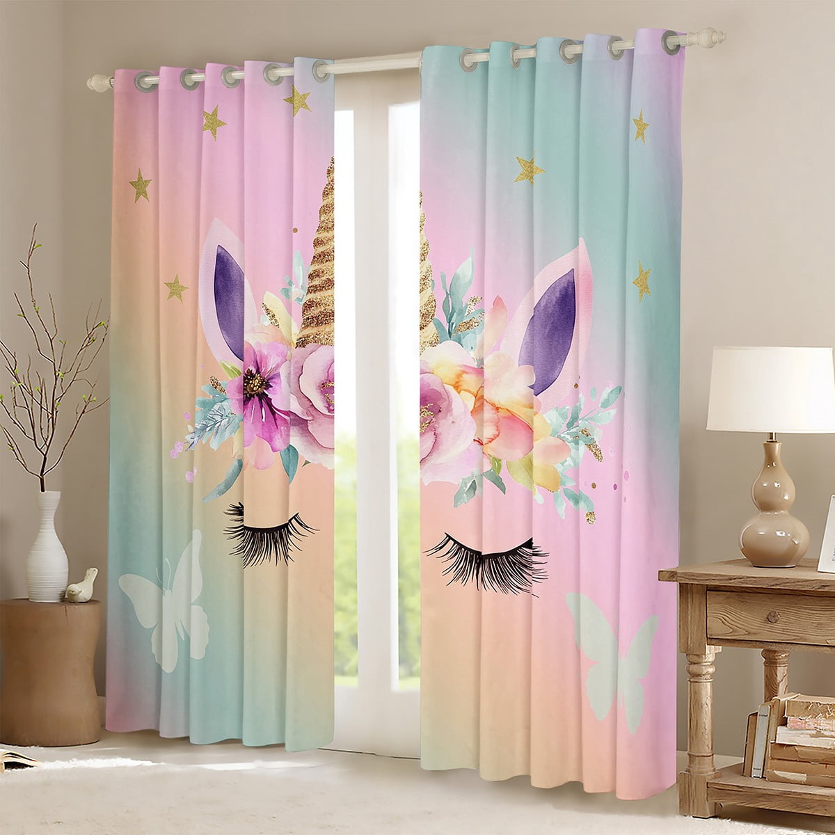 Erosebridal Rainbow Unicorn Window Curtains for Bedroom Living Room Cute Unicorn Curtains 30%-50% Blackout Pink Floral Window Drapes Butterfly Star Window Treatments 38W X 45L,2 Panels