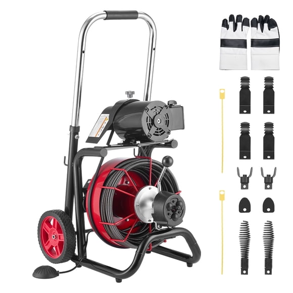VEVOR Drain Cleaner Machine 100 FT x 3/8 Inch, Auto Feed Sewer Snake Auger on Wheels - with 8 Cutters & Air-Activated Foot Switch for 2" to 4" Pipes