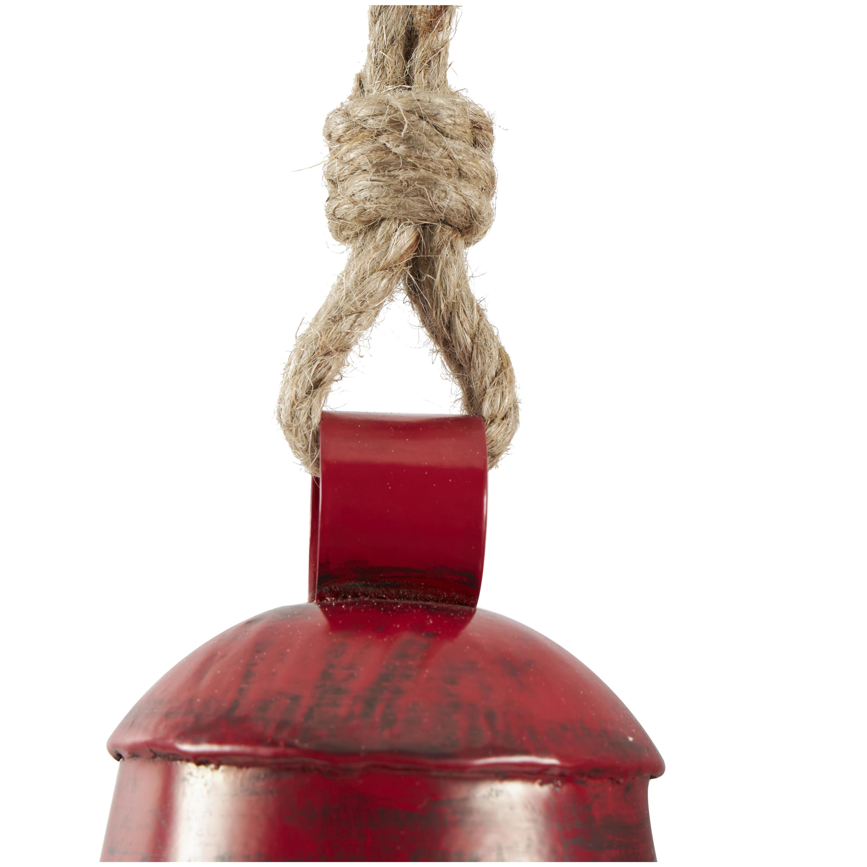 DecMode Tibetan Inspired Red Metal Narrow Cone Decorative Cow Bells with Jute Hanging Rope, 3 Count