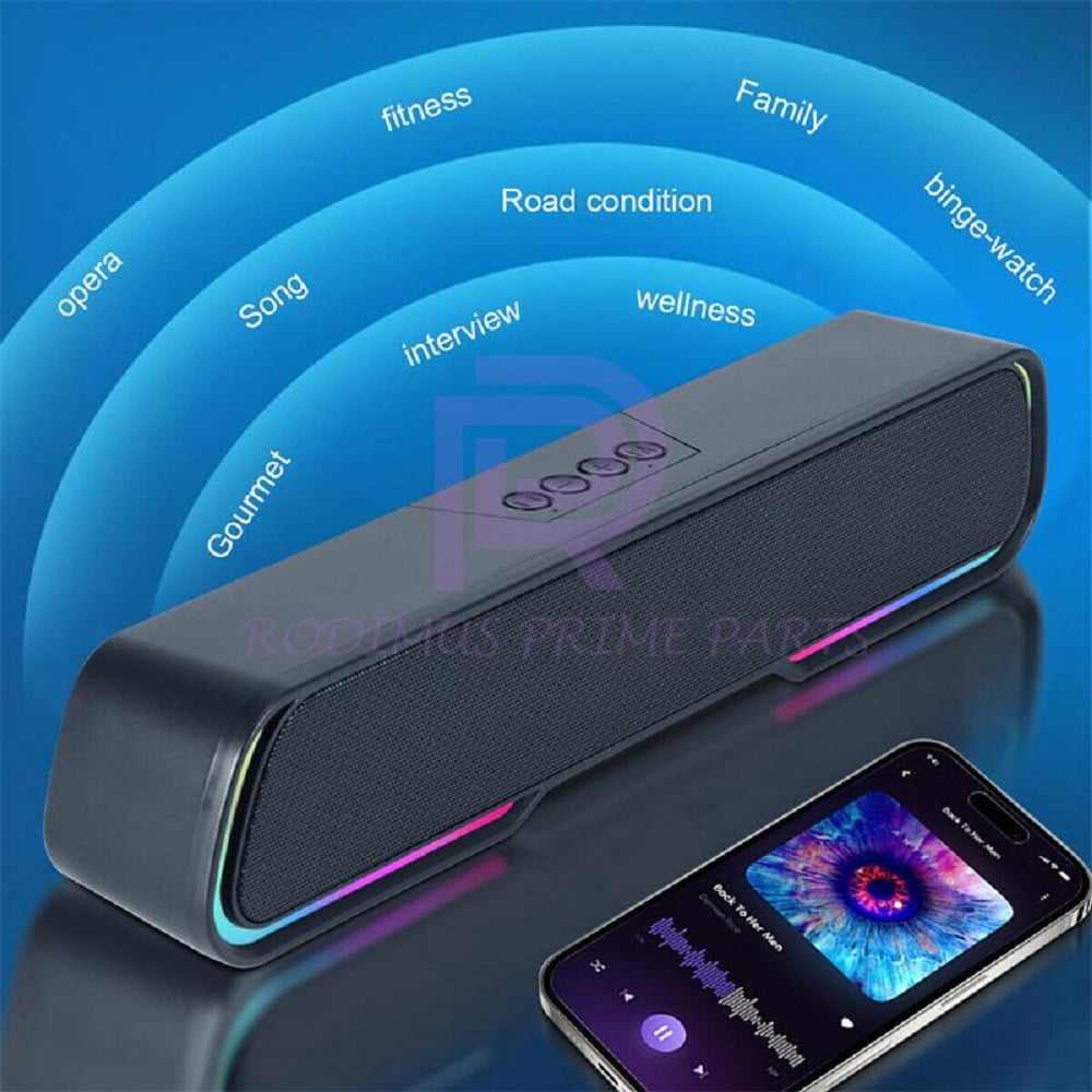 Home Theater Bluetooth Soundbar with Bass, 4 Dynamic Light Modes, Bluetooth 5.0, 52mm Magnetic Speakers – Compatible w/ TV, PC, Phone
