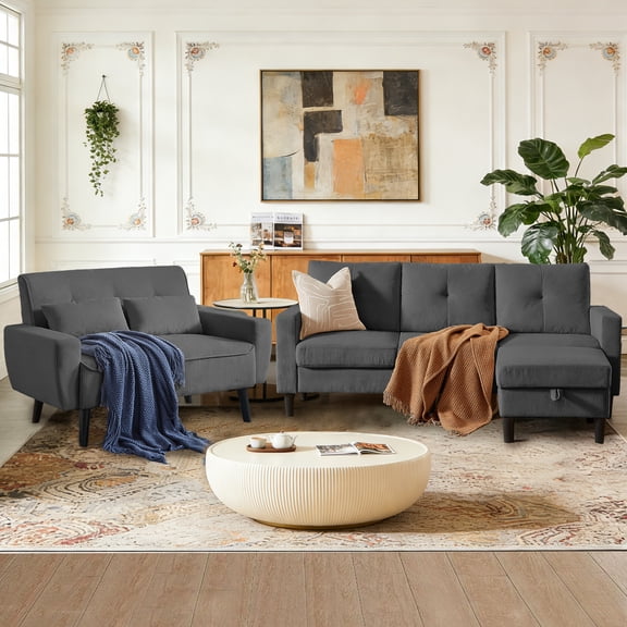 Soscana Sectional Sofa with Storage Ottoman and Loveseat, Modern 3 Seater L Shaped Couch Love Seat for Living Room Apartment Studio Office,Living Room Furniture Set,Dark Gray
