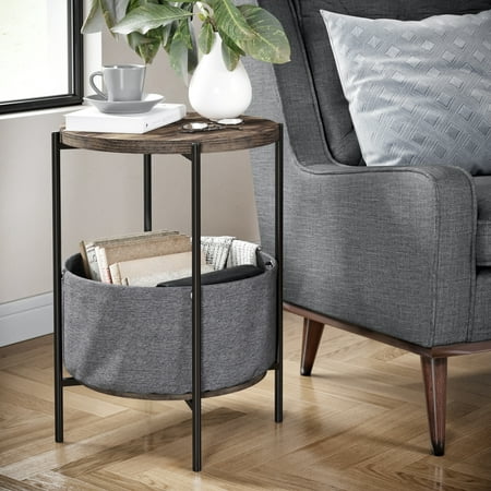 Wood Laminate Base - Ora Wood Side Table with Gray Fabric Storage, Dark Brown Top, Black Metal Base