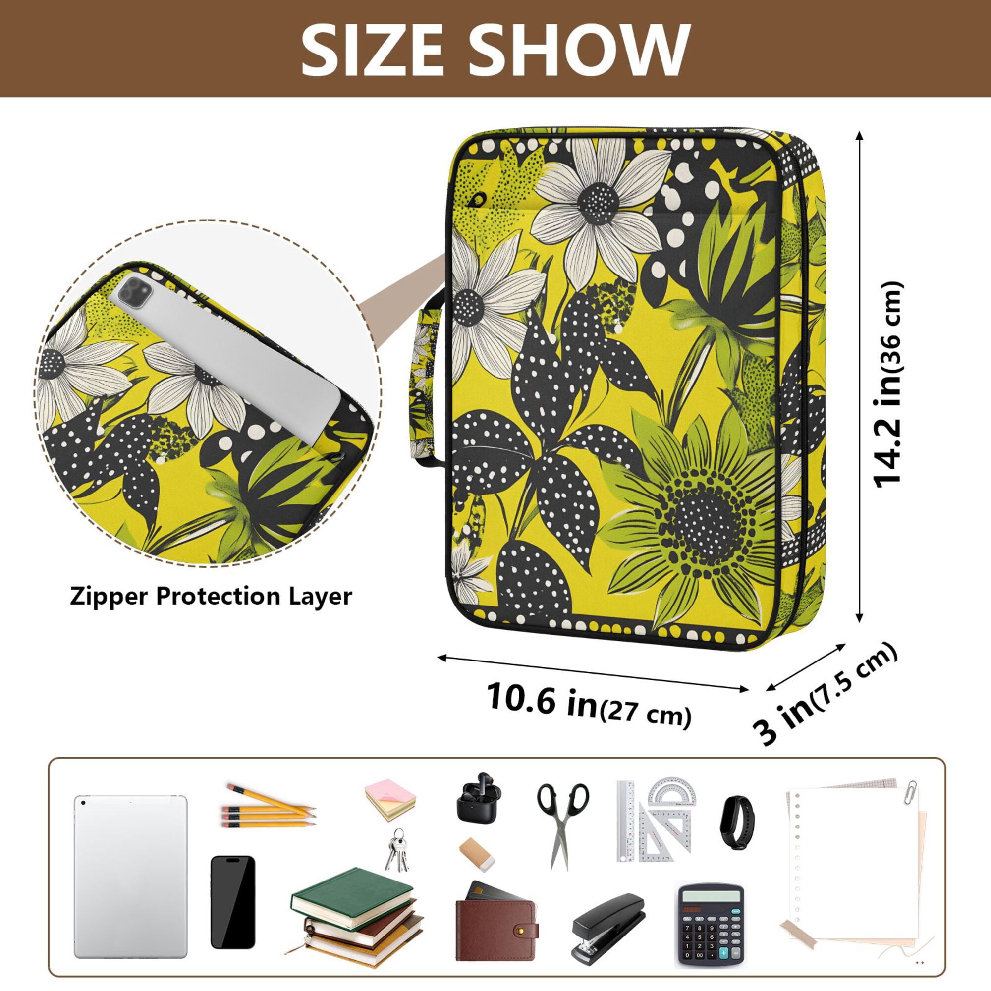 FORMRS Accordion File Folder A4 Size 7-Pocket Expanding Document Organizer Bag with 3 Ring Binder, Yellow Flowers