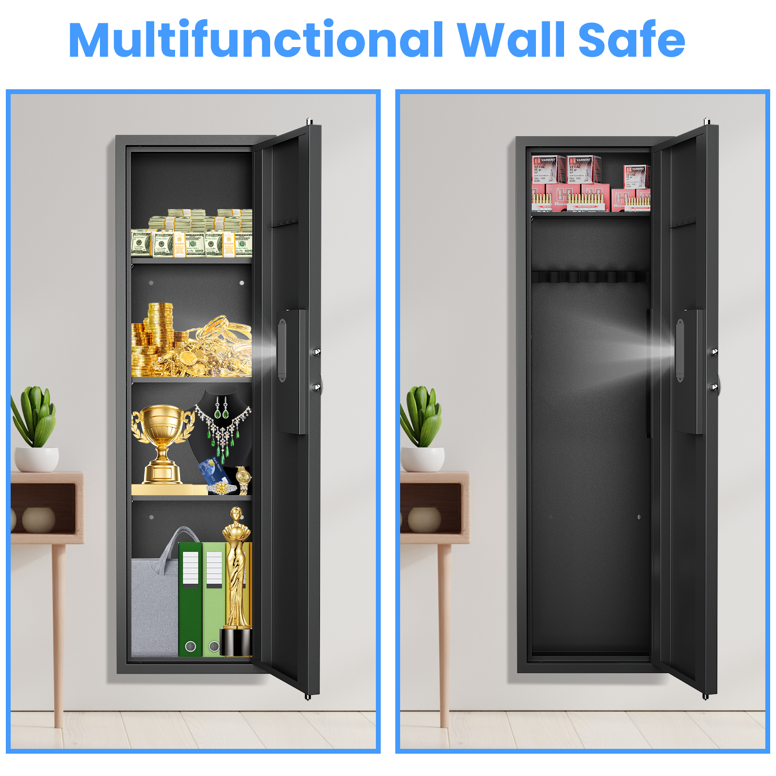 【2026 NEW】Wall Gun Safe, Digital Wall Safe Between the Studs with Dual Alarm ＆ Mute Mode, Hidden Wall Gun Safe for Pistols with Adjustable Shelves, Magnetic Gun Support & Key Hook