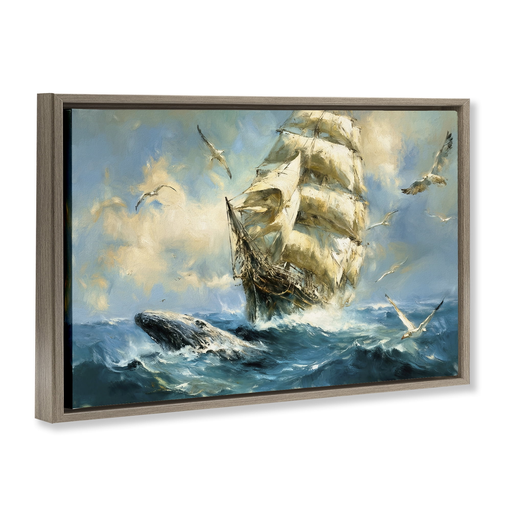 Stupell Industries Clipper Ship & The Whale Brown Framed Floater Canvas Wall Art, design by Tina LeCour