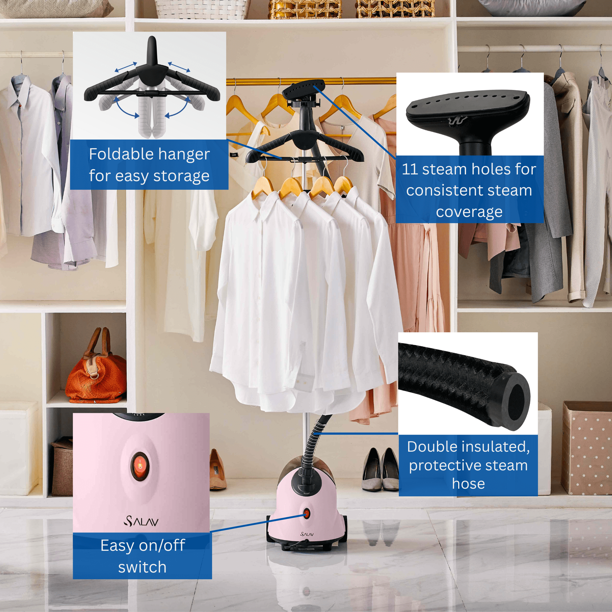 SALAV Continuous Steam Upright Standing Garment Steamer with Extra Large Water Tank Pink