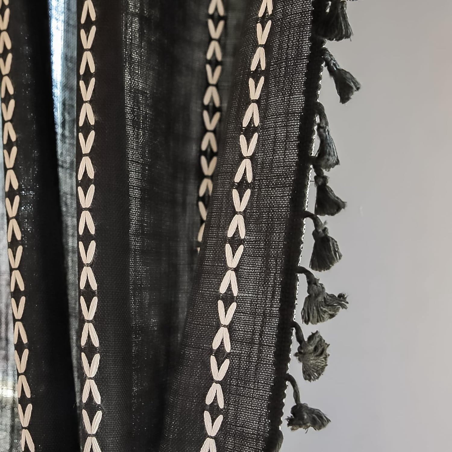 Psoiuetr Black Boho Curtains for Bedroom Living Room Linen Cotton Embroidered Semi Blackout Farmhouse Window Treatment Drape Vintage Tassels Rod Pocket 1 Panel 52" W x 84" L