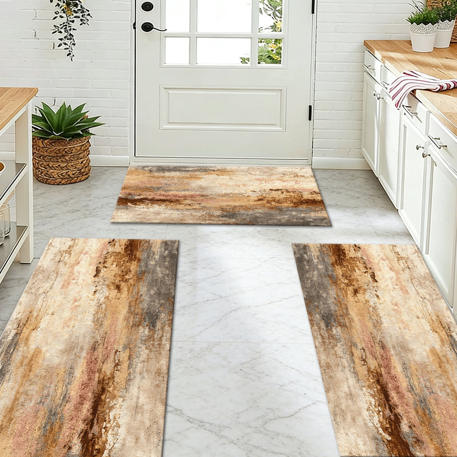 3 Piece Kitchen Rug Set, Non-Slip And Washable, Abstract Pattern Kitchen Hallway Rug, Soft And Comfortable, Suitable For Sinks, Floors, Entrances, Hallways and Bathrooms