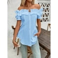thumbnail image 4 of ZOELNIC Women's Sexy Ruffle Trim Off Shoulder Short Sleeve Button Down Blouse Shirts Summer Loose Tunic Tops, S, 4 of 6