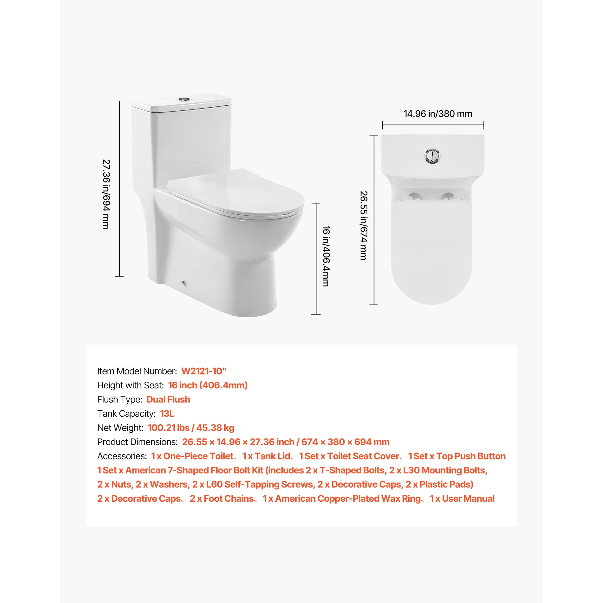 KFFKFF One-Piece Elongated Toilet with Dual-Flush 1.1/1.6 GPF, Bathroom Toilet with Comfortable Chair-Height Seat, Standard Height, Easy-to-Clean Skirted Design, 10-Inch Rough-In, White and Silver