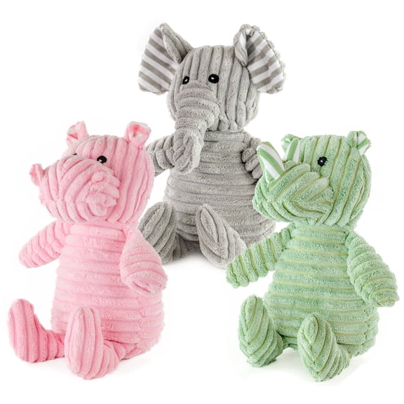 Giftable World 9" Sitting Rhino, Hippo, Elephant with Squeaker and Crinkle Ears Plush Pet Toy 3 Piece Assortment