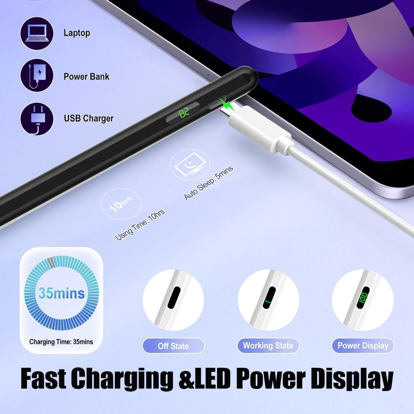 Stylus Pen for Touch Screens – Active Universal Stylus Compatible for iPad, iPhone, Samsung & Other iOS/Android Smartphones & Tablets, Tablet Pencil with Fast Charging, LED Power Display, Black