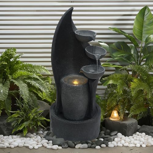 Cascading Bowl Water Fountain with LED Lights Outdoor 35'' H Waterfall Fountain 3-Tier Indoor Floor Standing for Garden, Living Room, Patio, Home Decor$$Garden & Patio