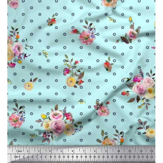 Soimoi Green Rayon Crepe Fabric Leaves,Small Circle & Floral Printed Fabric 1 Yard 46 Inch Wide