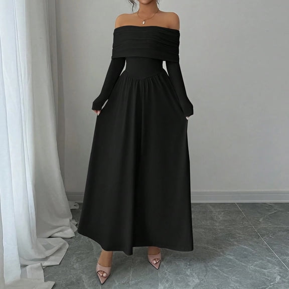 Women's One Shoulder Long Sleeve Dress, French Style Belted Waist Midi Dress, Elegant Evening Dress for Weddings or Galas, Black - XL