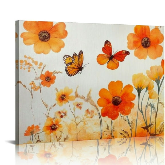 Patifu Flowers Butterflies Orange Canvas Print Wall Decor for Living Room Bedroom Home Office 20x16in