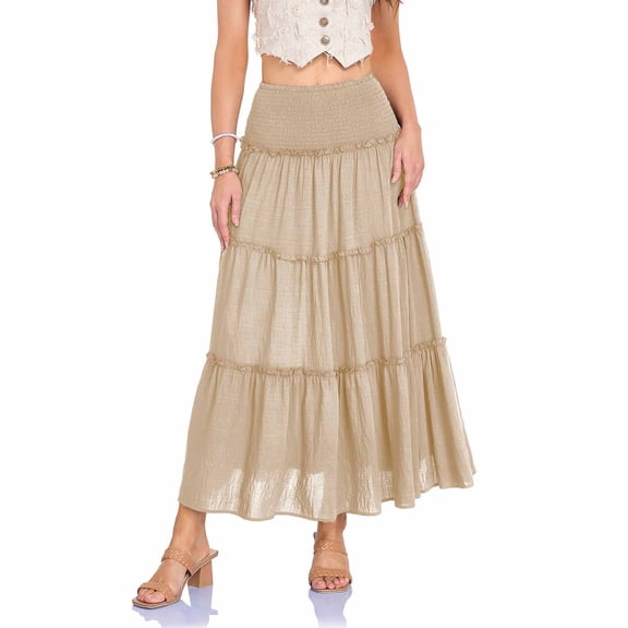 Tqcoqu Women's High Waist Smocked Ruffle Tiered Maxi Skirt Casual Flowy Long Skirt,Beige,Women's S-XL