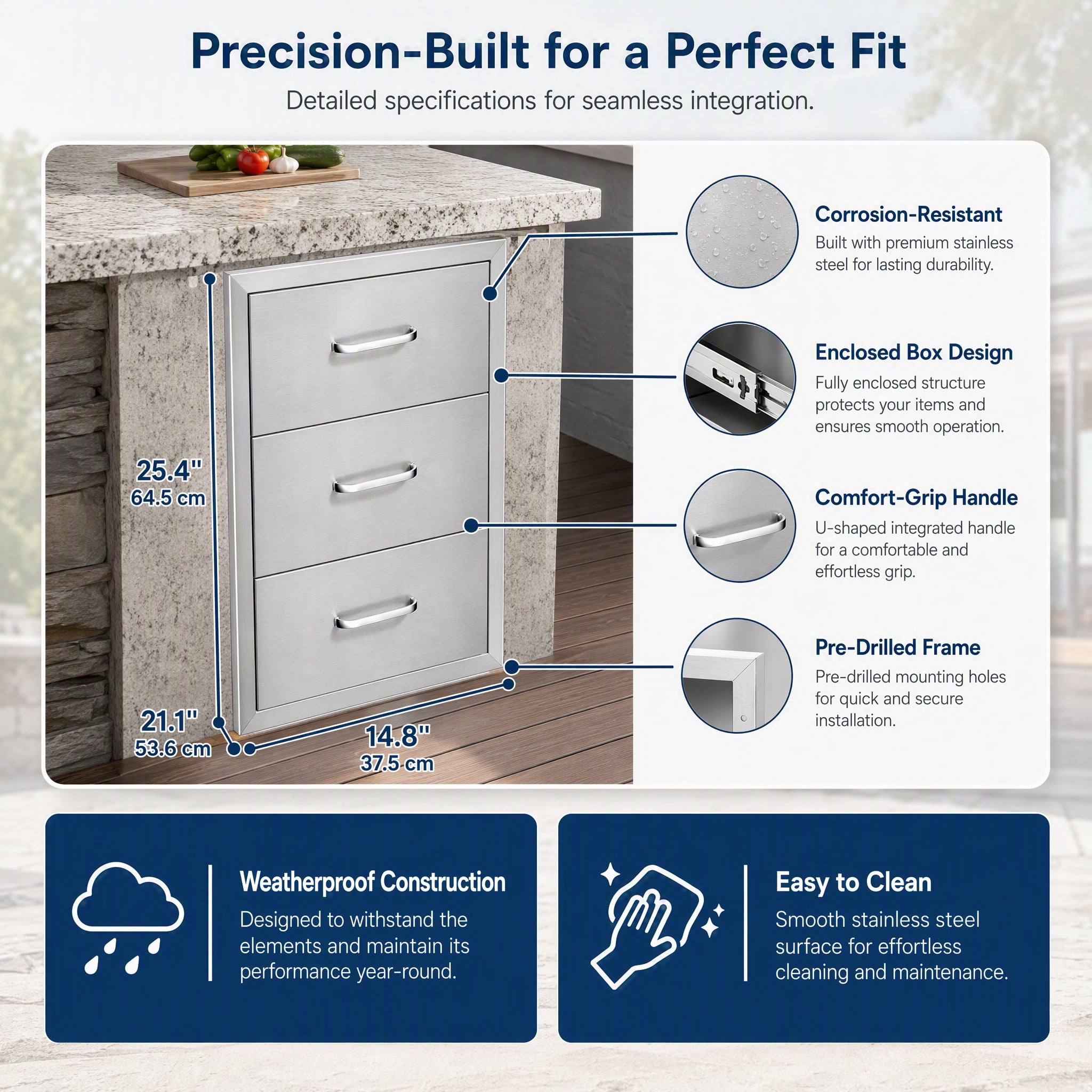 GARITIN Drawer Cabinet for Outdoor Kitchen or Courtyard, Stainless Steel Storage Drawer Cabinet with Multiple Drawers for Outdoor Patio, Silver