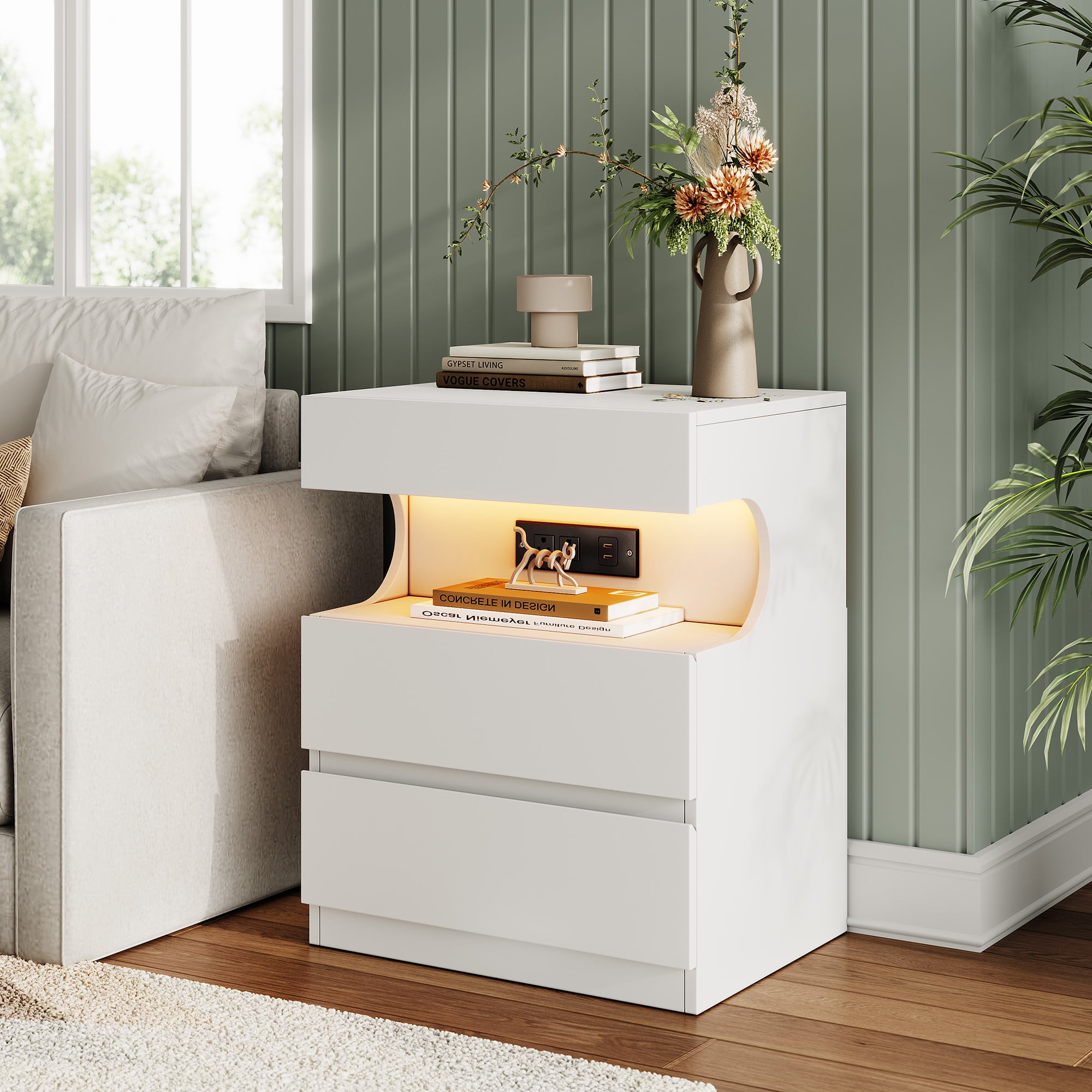 Modern Smart White Bedside Table with App-Controlled LED Lights - 3 Drawers - U-Shape Open Shelf - Built-in Charging Station - USB Ports & AC Outlets - Bedroom Furniture Set