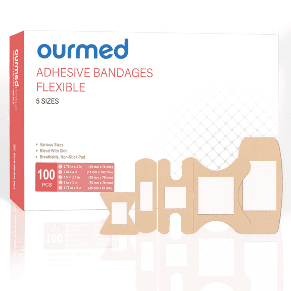 Ourmed Flexible Fabric Bandages, Assorted Sizes Wound Care, 100 Counts