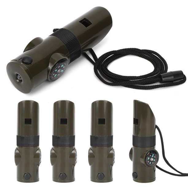 Silbato - Kit de supervivencia - con luz LED, termómetro y brújula - Silbato de emergencia - 7 en 1 - Ideal para senderismo, acampada y montañismo - 4 piezas
