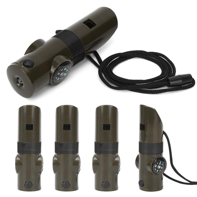 Silbato - Kit de supervivencia - con luz LED, termómetro y brújula - Silbato de emergencia - 7 en 1 - Ideal para senderismo, acampada y montañismo - 4 piezas
