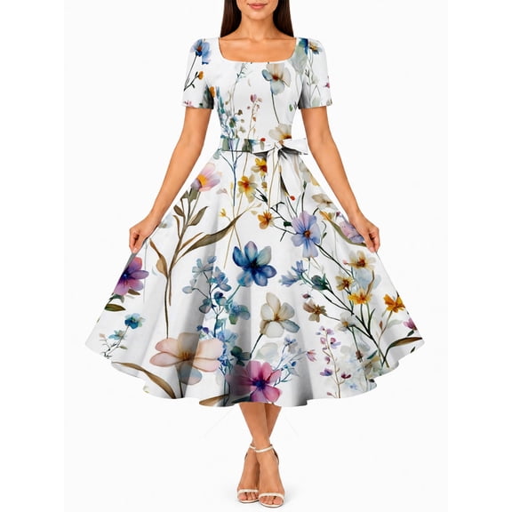 Women'S Vintage White Wildflower Dress Square Neck Short Sleeve Fit And Flare Casual Summer Midi Dress