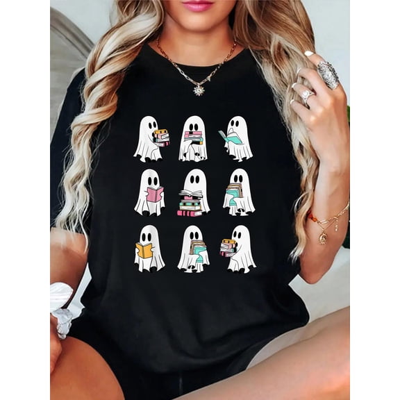 Ghost Reading Books Spooky Librarian Teacher Women T-Shirt
