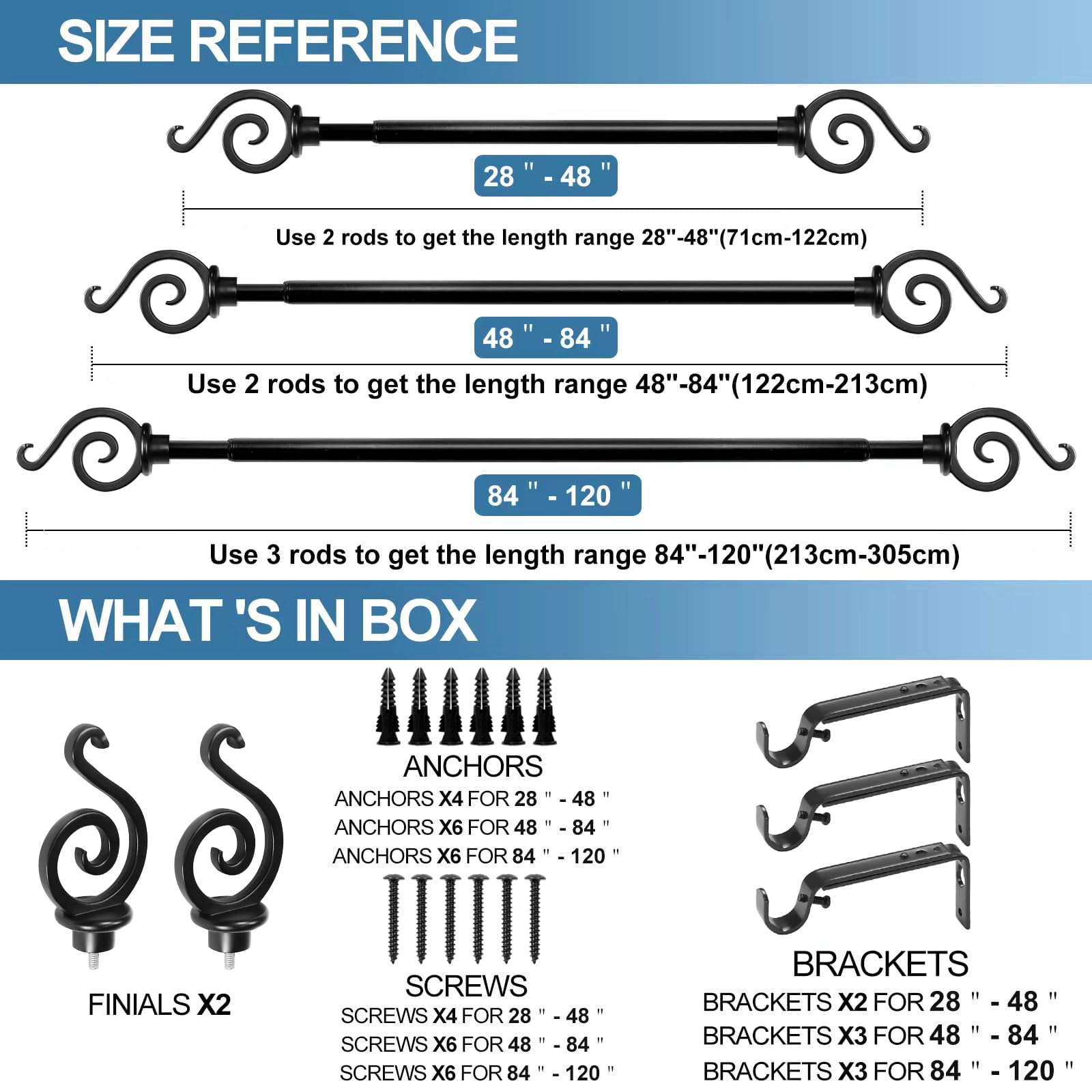 Urbanest 3/4" French Scroll Cast Forged Iron Single Curtain Rod – Designer Cast Iron Drapery Hardware with Elegant Finials, Easy-Mount, Heavy-Duty, 48" to 84", Matte Black