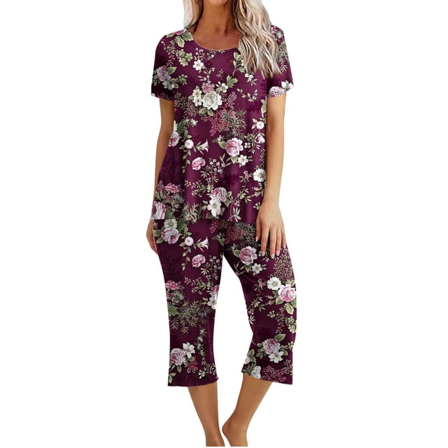 Ensemble de Pyjama pour Femmes Shorts Femmes Imprimé Col Rond Manches Courtes Chemise de Nuit et Ensembles Pantalon Tenue d'Intérieur Pyjamas avec Poches Hauts à Manches Courtes pour Femmes Ensemble de Pyjama pour Femmes Été