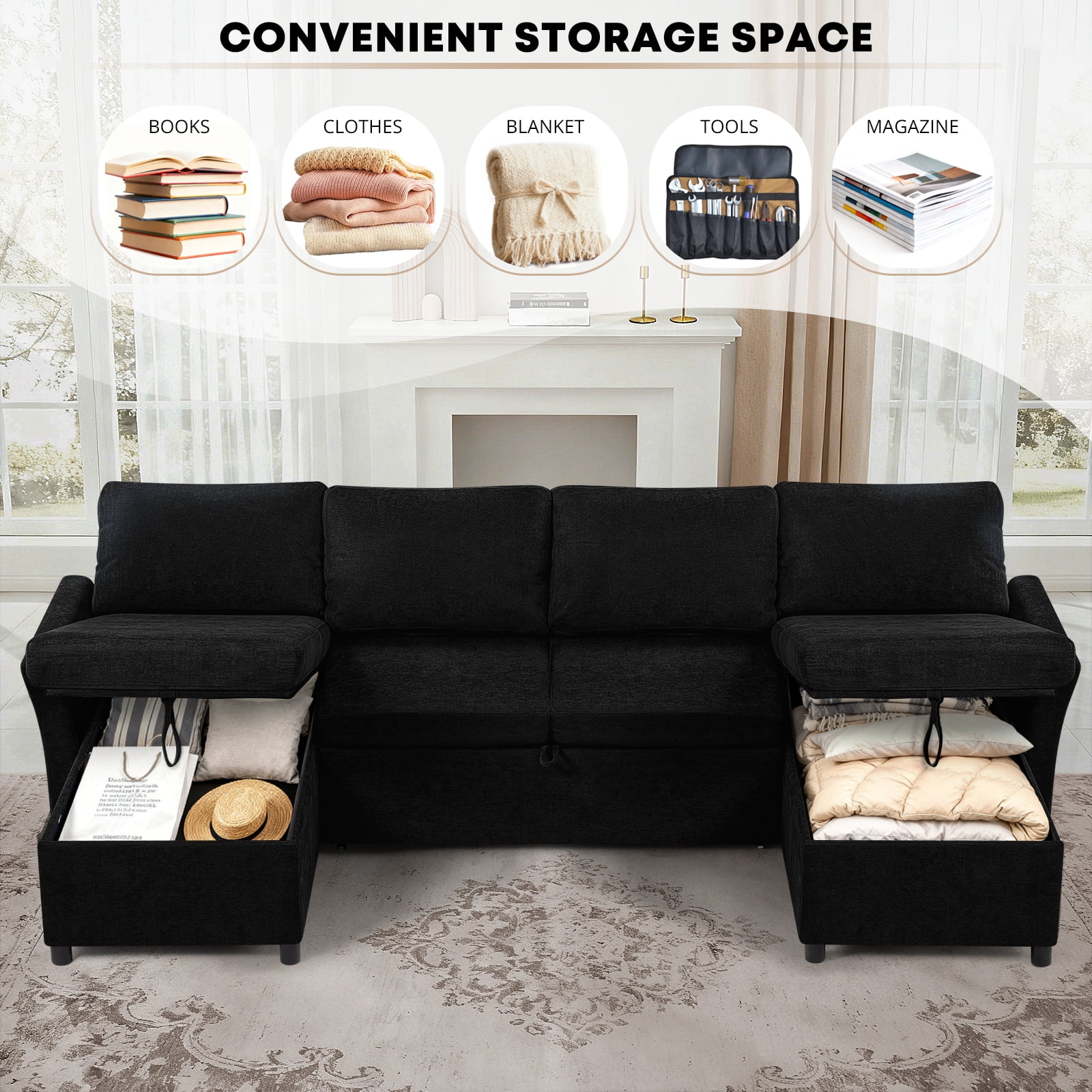 ACMEASE 107 Inches Fabric Sectional Sofa with Pull Out Sofa Bed, Modern U Shaped Sofa with Throw Pillows, Comfortable Sleeper Couch with Storage Chaise for Living Room, Black