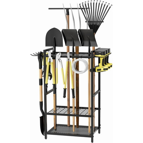 Garden Garage Tool Organizer Yard Tool Organizer for Garage with 4 Hooks, Heavy duty Steel Garden Tool Rack Holds up to 48 Long Handled Yard tools for Storage