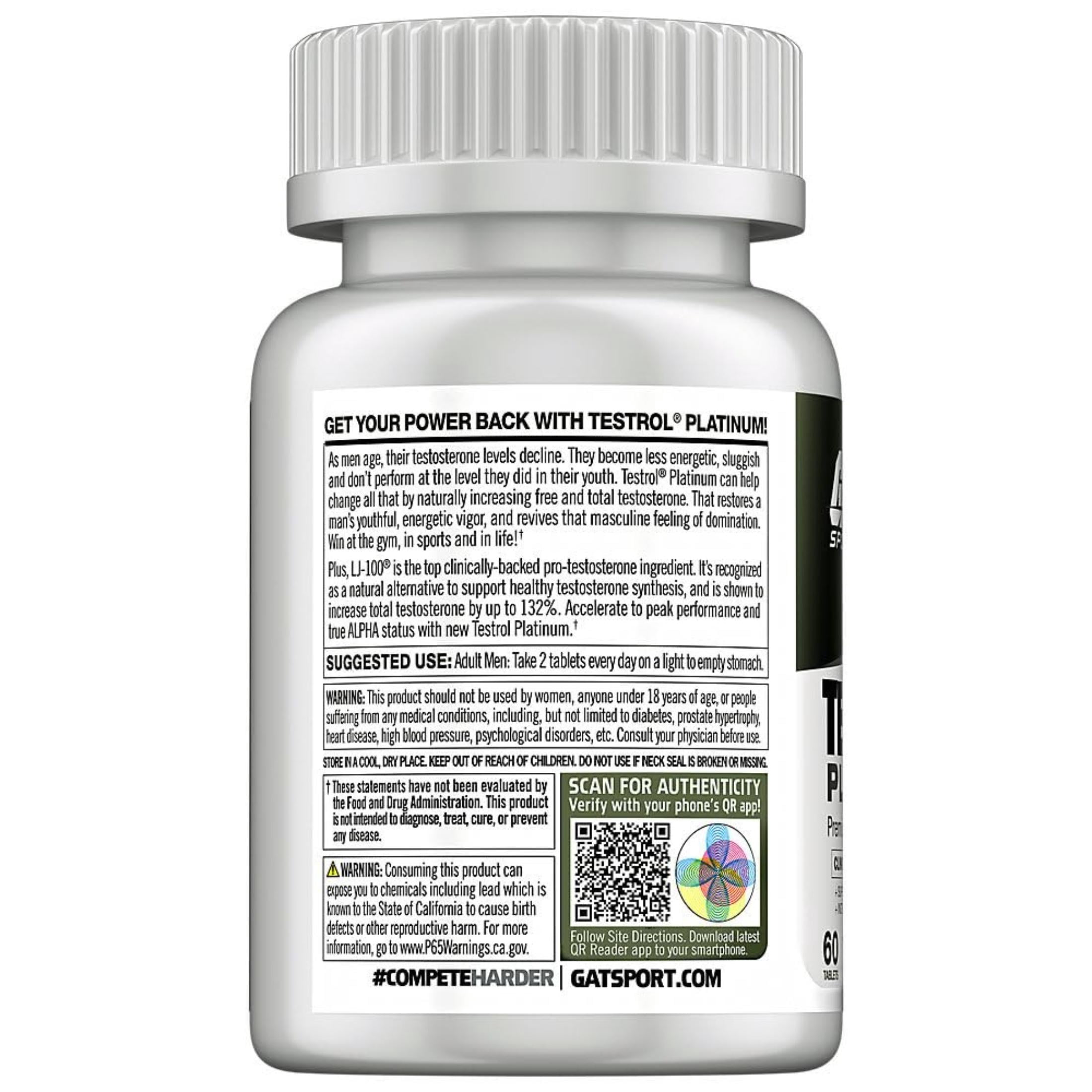 Test Booster for Men by GAT Sport, Testrol Platinum, Stamina + Libido + Testosterone Boost, Boron, Vitamin D, Zinc, 60 Tablets