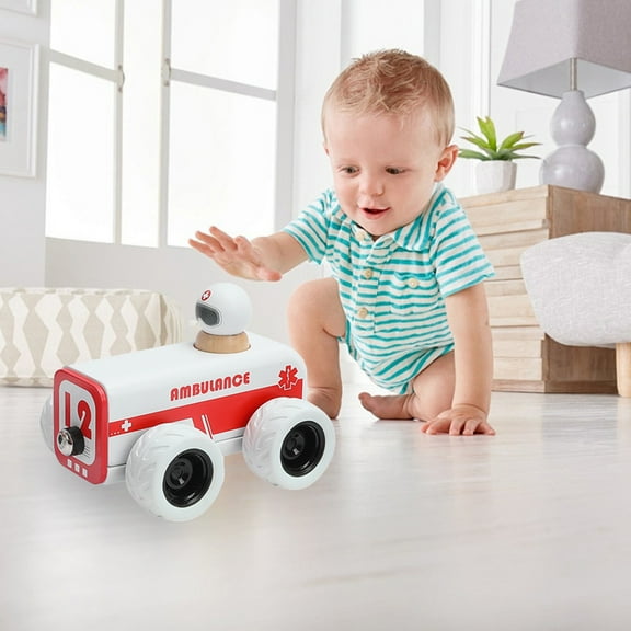 Wooden Push & Return Baby Car Toy, Fire Truck & Ambulance Vehicles for Toddlers 1-3 Years Old, Role Play Educational Toys with Safe Rounded Edges, First Birthday Gift for Boys & Girls White