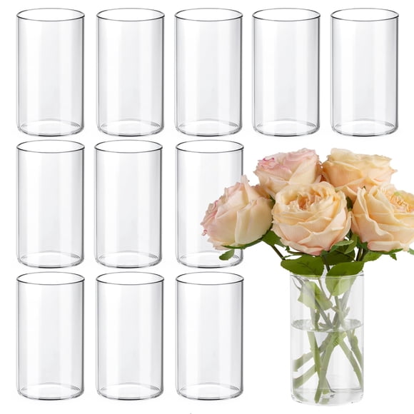 TBWIND 12 jarrones cilíndricos de cristal para centros de mesa, jarrones transparentes para decoración de bodas y decoración interior del hogar, floreros de cristal de 6.0 in de alto, portavelas hurac