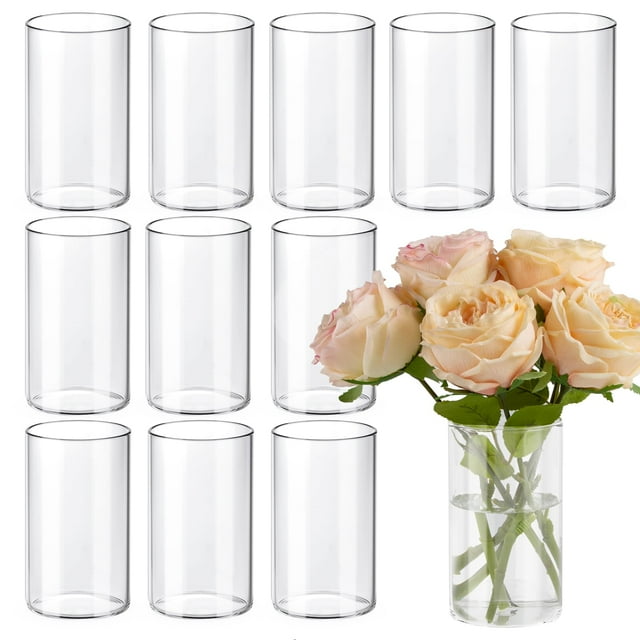 TBWIND 12 jarrones cilíndricos de cristal para centros de mesa, jarrones transparentes para decoración de bodas y decoración interior del hogar, floreros de cristal de 6.0 in de alto, portavelas hurac